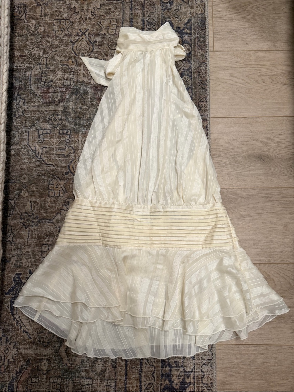 White Fox Boutique Cream Striped Halter Ruffle Midi Dress